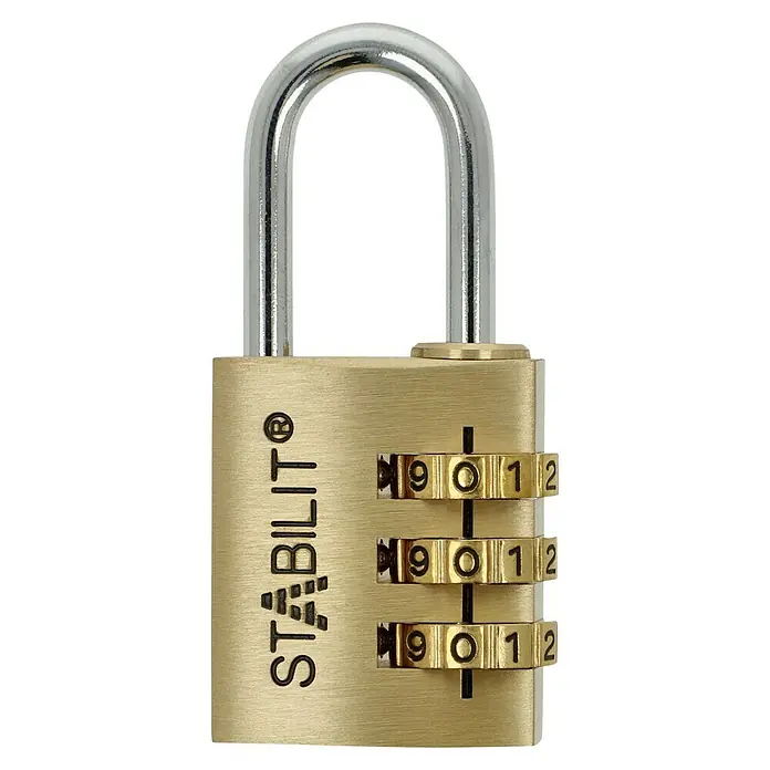 Stabilit Vorhängezahlenschloss ZM-30 - 30,5 x 65 mm, Messing, Anzahl Zahlenrollen: 3 Stk. - Nahaufnahme eines goldenen STABILIT®-Vorhängeschlosses mit einem dreistelligen Zahlenkombinationsschloss, das Sicherheit und Schutz bietet.