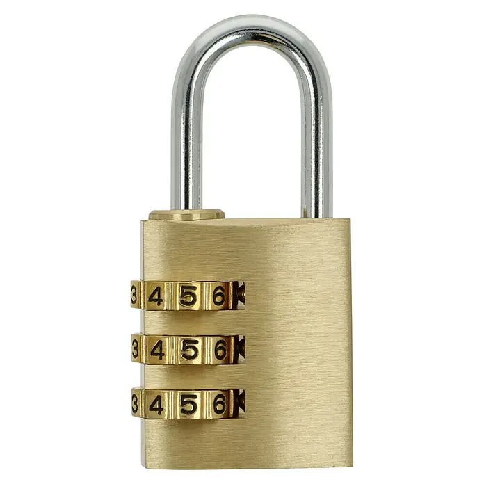 Stabilit Vorhängezahlenschloss ZM-30 - 30,5 x 65 mm, Messing, Anzahl Zahlenrollen: 3 Stk. - Nahaufnahme eines goldenen Zahlenschlosses mit dreistelliger Kombination und einem silbernen Bügel, das Sicherheit und Schutz bietet.