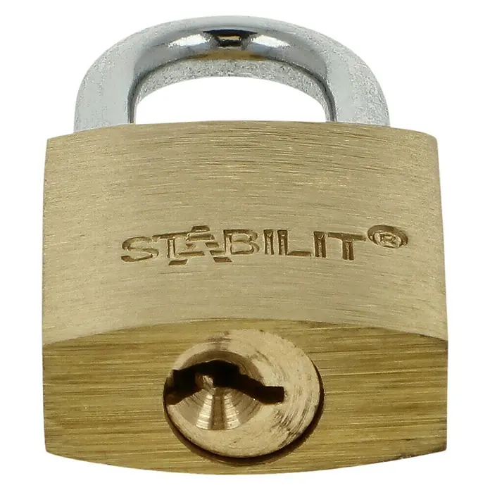 Stabilit Vorhängeschloss M20 - Breite: 21 mm, Bügelstärke: 3,5 mm - Nahaufnahme eines STÄBILT® Messing Vorhängeschloss, das Sicherheit und Zuverlässigkeit verspricht. Ideal zum Schutz von Wertsachen.