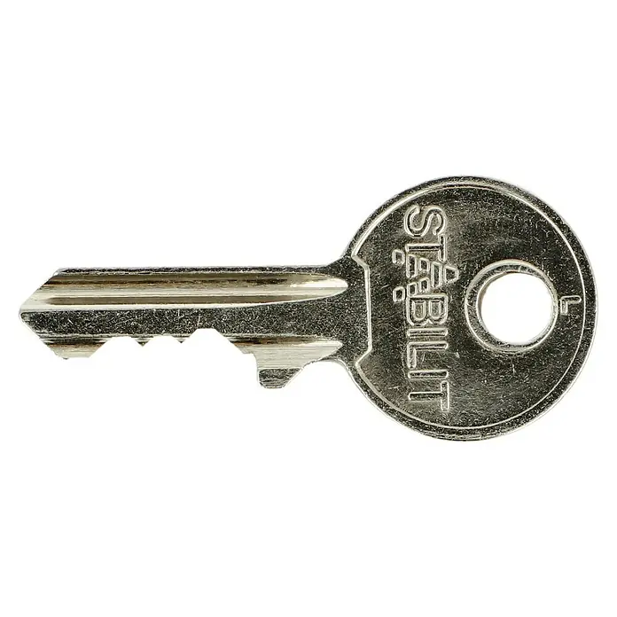 Stabilit Vorhängeschloss K50 - Breite: 44 mm, Bügelstärke: 9 mm - Nahaufnahme eines silberfarbenen Stabilit-Schlüssels mit gezacktem Bart und rundem Griff.