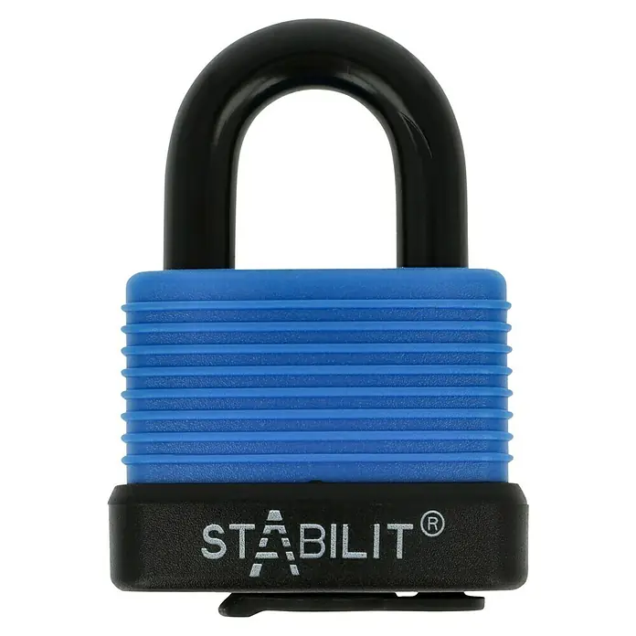 Stabilit Vorhängeschloss K50 - Breite: 44 mm, Bügelstärke: 9 mm - Das Bild zeigt ein blaues "STABILIT"-Vorhängeschloss mit schwarzem Bügel, das Stabilität und Sicherheit verspricht.