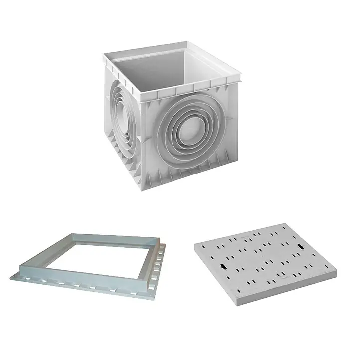 Arqueta con marco y tapa Seventy de Dakota 3 piezas - 73,5 x 73,5 x 65 cm - La imagen muestra una arquetas de inspección de plástico con marco y tapa, ideal para sistemas de alcantarillado y cables.