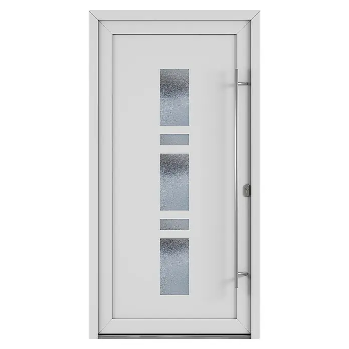 Solid Elements Haustür 1001 - 100 x 210 cm, DIN Anschlag: Rechts, Weiß - Eine moderne, weiße Haustür mit vertikalen, satinierten Glaselementen und einem schlichten, langen Türgriff aus Metall.