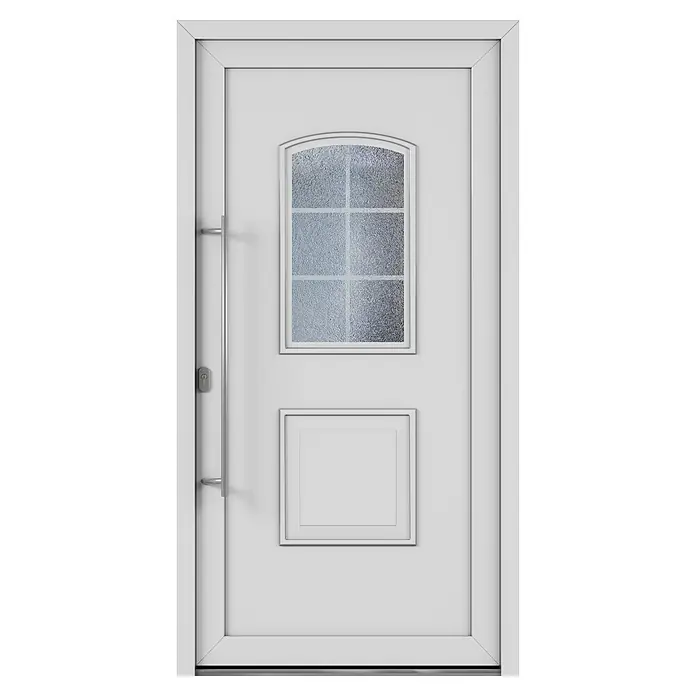Solid Elements Haustür 1002 - 110 x 210 cm, DIN Anschlag: Links, Weiß - Eine weiße Haustür mit strukturiertem Glaseinsatz und einem eleganten, minimalistischen Design, perfekt für moderne Wohnhäuser.