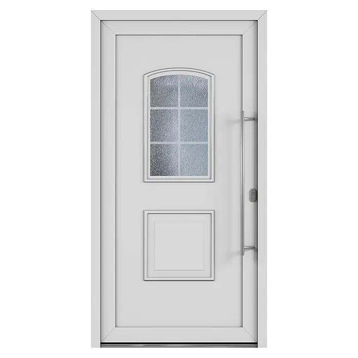 Solid Elements Haustür 1002 - 110 x 210 cm, DIN Anschlag: Rechts, Weiß - Elegante weiße Haustür mit Glaseinsatz und modernem Design, ideal für einen stilvollen Eingangsbereich. Die Tür bietet Sicherheit und Ästhetik.
