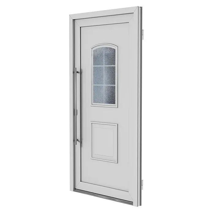 Solid Elements Haustür 1002 - 110 x 210 cm, DIN Anschlag: Links, Weiß - Elegante weiße Haustür mit strukturiertem Glasfenster und modernem Griff. Stilvolles Design für einen einladenden Eingangsbereich.