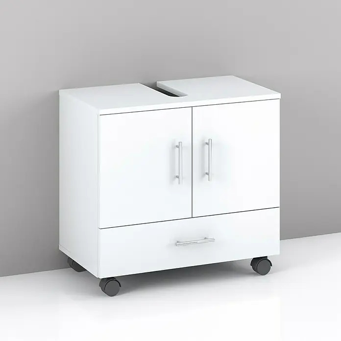 Riva Waschtischunterschrank System - 62,2 x 35,6 x 57,5 cm, Weiß, Matt - Weißer Badezimmerschrank mit Schublade, Türen, silbernen Griffen und Rollen für eine einfache Handhabung im Badezimmer.