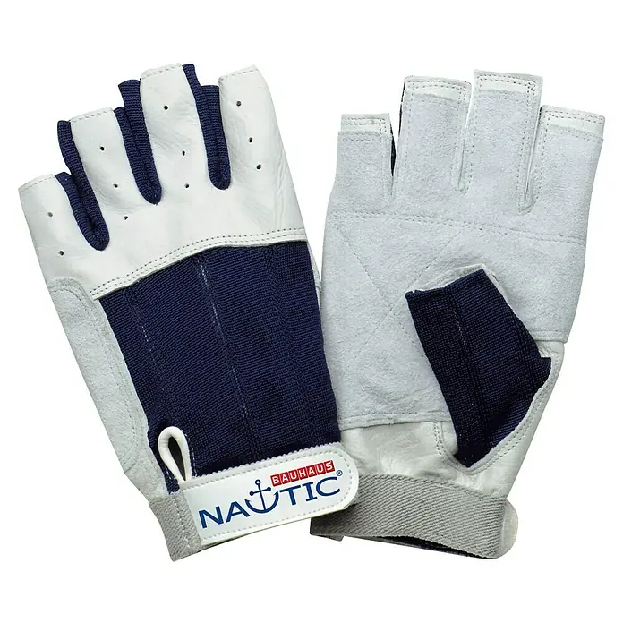 NAUTIC Segelhandschuhe - M, Naturmaterialien, Kurze Finger - Abbildung von zwei Bauhaus Nautic Segelhandschuhen mit abgeschnittenen Fingern, ideal für Wassersportarten.