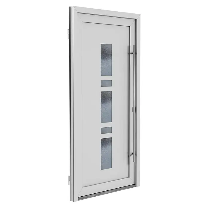 Solid Elements Haustür 1001 - 100 x 210 cm, DIN Anschlag: Rechts, Weiß - Ein modernes weißes Hauseingangstürdesign mit vier rechteckigen Glaseinsätzen, die für einen hellen und stilvollen Eingangsbereich sorgen.