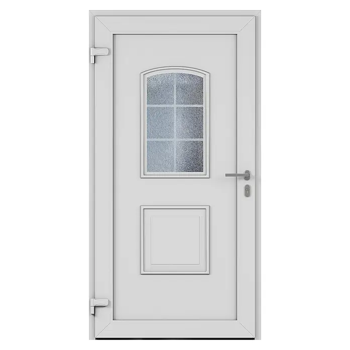Solid Elements Haustür 1002 - 110 x 210 cm, DIN Anschlag: Links, Weiß - Weiße Tür mit Glaseinsatz und Rahmen. Das Produkt ist elegant und funktional für jeden Raum.