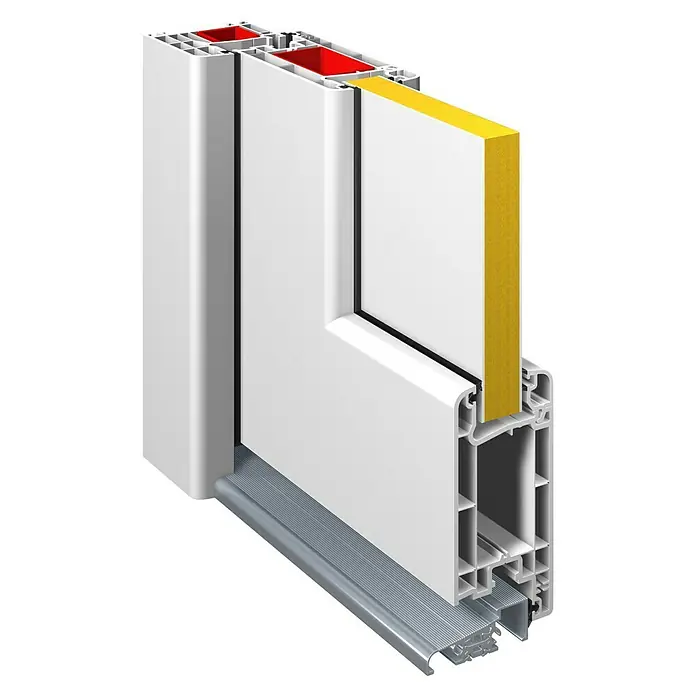 Solid Elements Haustür 1004 - 100 x 210 cm, DIN Anschlag: Rechts, Weiß - Querschnitt einer weißen Tür mit Dämmung, der die Konstruktionsweise und Materialien detailliert zeigt.