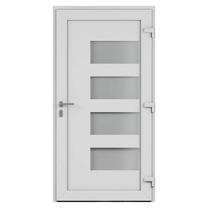 Solid Elements Haustür 7001 - 110 x 210 cm, DIN Anschlag: Rechts, Verkehrsweiß - Moderne weiße Tür mit horizontalen Glaseinsätzen und silberfarbenen Griff, die ein elegantes Design für jeden Raum bietet.