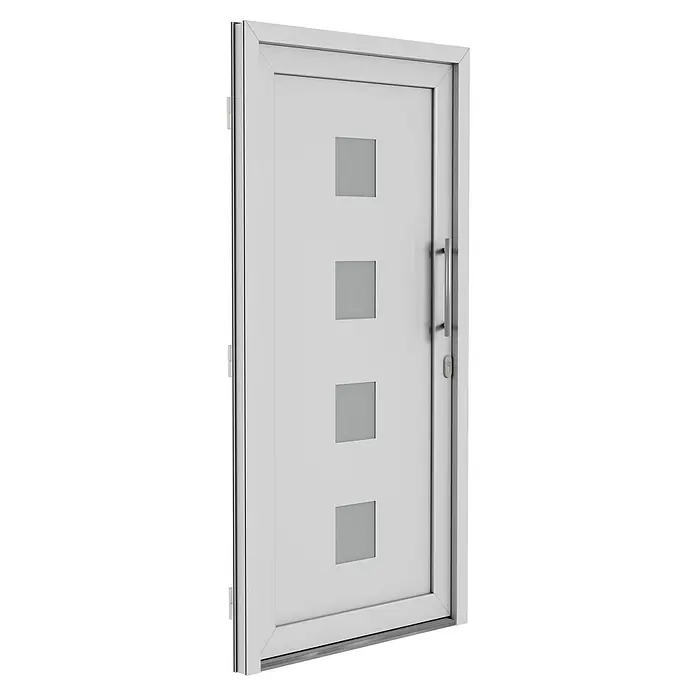 Solid Elements Haustür 1004 - 100 x 210 cm, DIN Anschlag: Rechts, Weiß - Weiße Tür mit vier quadratischen Fenstern und einem schlanken, modernen Design. Perfekt für zeitgenössische Häuser, die nach Stil und Helligkeit suchen.