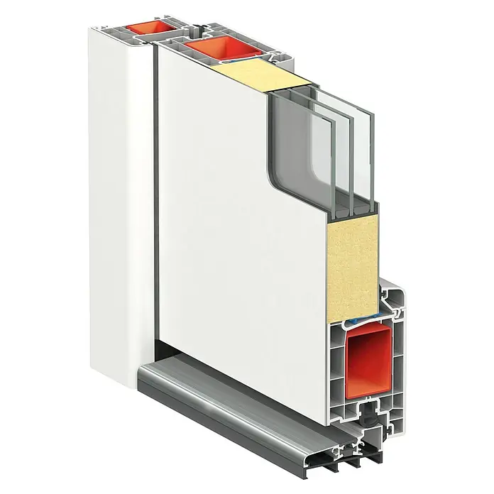 Solid Elements Haustür 7002 - 110 x 210 cm, DIN Anschlag: Rechts, Anthrazitgrau/Weiß - Querschnitt eines Fensters mit Mehrfachverglasung, Rahmen und Isolierung für hohe Energieeffizienz.