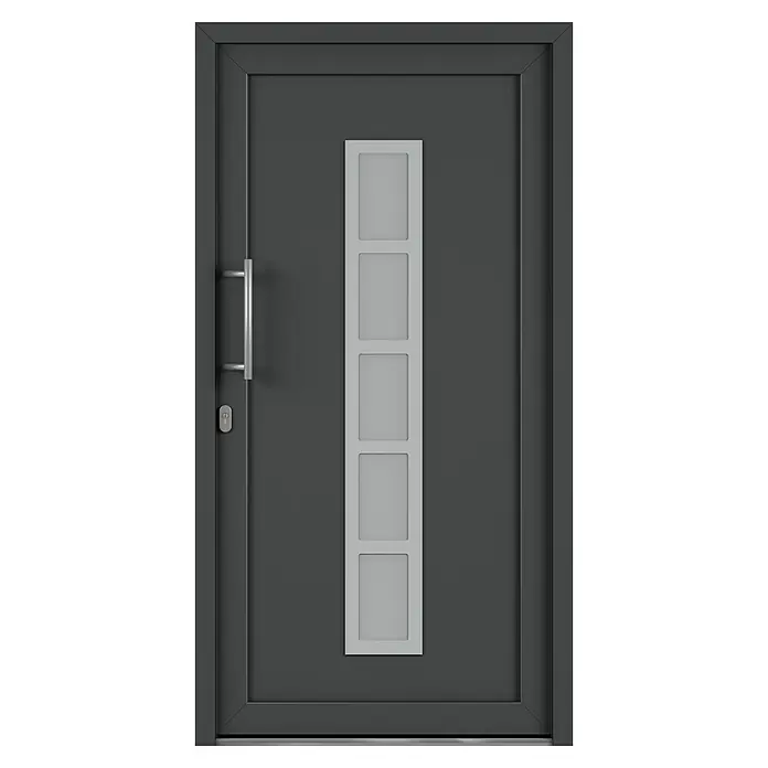 Solid Elements Haustür 1003 - 110 x 210 cm, DIN Anschlag: Links, Anthrazit/Weiß - Eine moderne, graue Haustür mit einem senkrechten Fensterband in der Mitte und einem silbernen Griff an der Seite. Elegantes Design für einen einladenden Eingang.