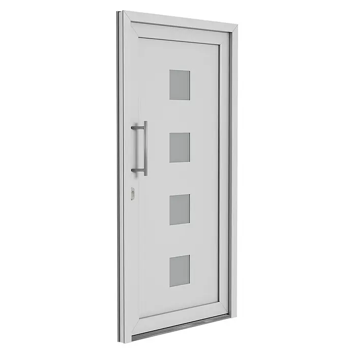 Solid Elements Haustür 1004 - 110 x 210 cm, DIN Anschlag: Links, Weiß - Ein weißer Eingangstür mit vier quadratischen Fenstern und einem schlanken, horizontalen Griff. Ideal für modernes Wohndesign.