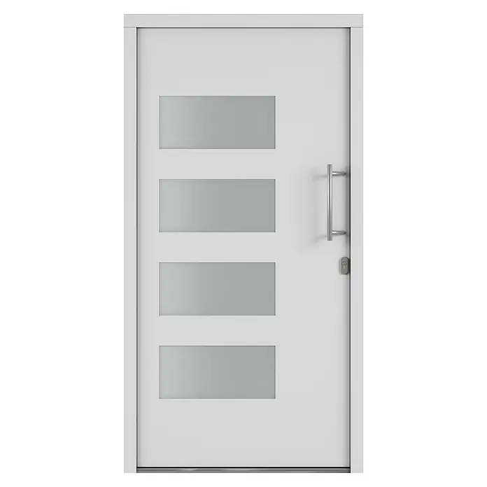 Solid Elements Haustür 7001 - 110 x 210 cm, DIN Anschlag: Rechts, Verkehrsweiß - Weiße Tür mit vier rechteckigen Glaseinsätzen und einem vertikalen Türgriff aus Metall. Sie ist schlicht und modern gestaltet.