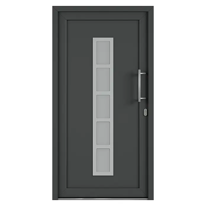 Solid Elements Haustür 1003 - 110 x 210 cm, DIN Anschlag: Rechts, Anthrazit/Weiß - Eine moderne anthrazitfarbene Haustür mit einem vertikalen Glaseinsatz und einem eleganten Edelstahlgriff.