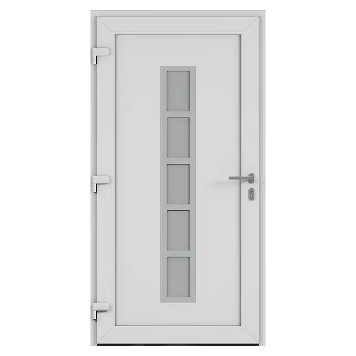 Solid Elements Haustür 1003 - 110 x 210 cm, DIN Anschlag: Links, Anthrazit/Weiß - Weiße Tür mit rechteckigen, grauen Glaseinsätzen und silbernem Türgriff.