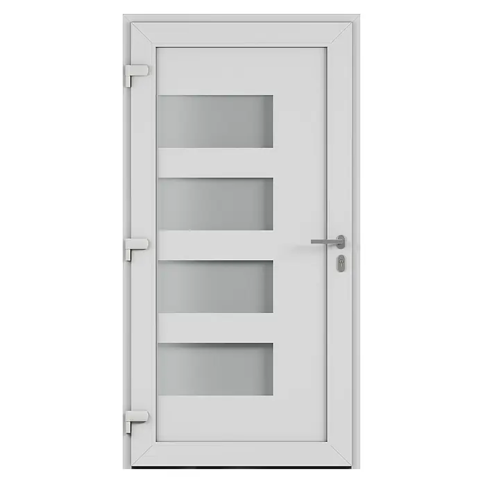 Solid Elements Haustür 7001 - 110 x 210 cm, DIN Anschlag: Links, Verkehrsweiß - Weiße Tür mit vier horizontalen Glaseinsätzen und silberner Türklinke für moderne Wohnräume. Die Tür bietet Sicherheit und stilvolles Design.
