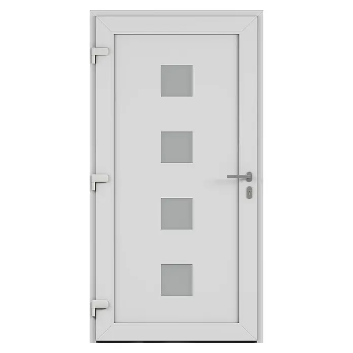 Solid Elements Haustür 1004 - 110 x 210 cm, DIN Anschlag: Links, Weiß - Weiße Tür mit vier rechteckigen Fenstern und einem silbernen Türgriff für moderne Innenräume. Praktisch und ästhetisch.