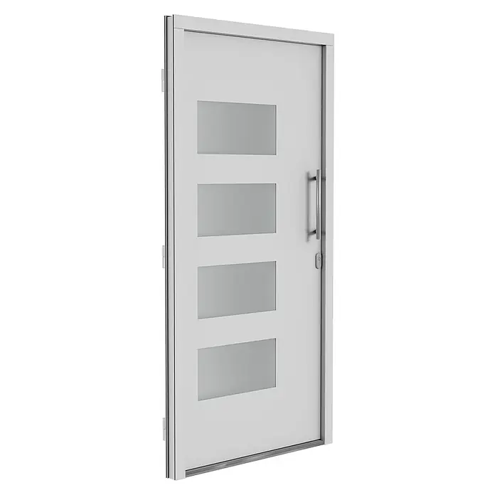 Solid Elements Haustür 7001 - 110 x 210 cm, DIN Anschlag: Rechts, Verkehrsweiß - Eine moderne weiße Tür mit vier rechteckigen Glasausschnitten und einem silbernen Griff. Die Tür präsentiert ein minimalistisches Design.