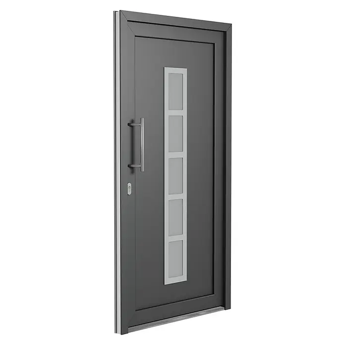 Solid Elements Haustür 1003 - 110 x 210 cm, DIN Anschlag: Links, Anthrazit/Weiß - Eine moderne, graue Haustür mit einem vertikalen Fensterband und einem silbernen Griff präsentiert ein elegantes und sicheres Erscheinungsbild.