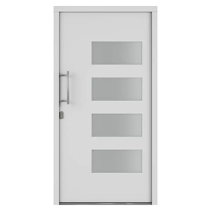 Solid Elements Haustür 7001 - 110 x 210 cm, DIN Anschlag: Links, Verkehrsweiß - Eine moderne, weiße Eingangstür mit vier horizontalen Glaseinsätzen und einem minimalistischen, länglichen Türgriff.