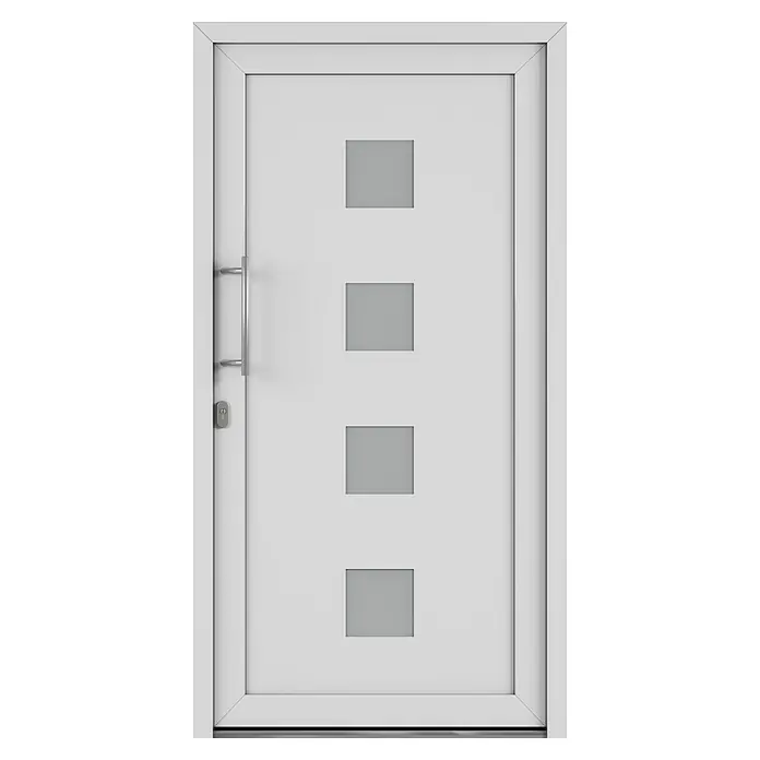 Solid Elements Haustür 1004 - 110 x 210 cm, DIN Anschlag: Links, Weiß - Elegante, weiße Eingangstür mit modernem Design, inklusive Griff und vier quadratischen Glaseinsätzen für ein helles und einladendes Ambiente.