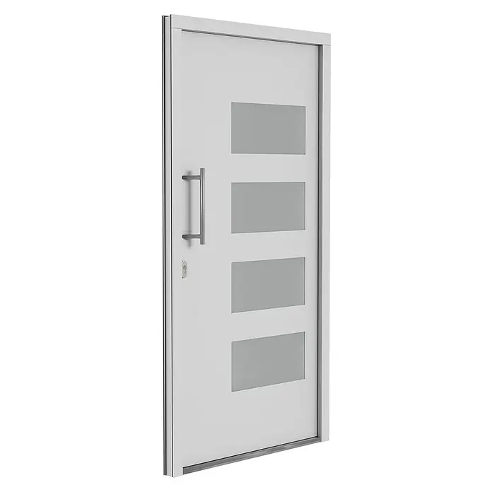 Solid Elements Haustür 7001 - 110 x 210 cm, DIN Anschlag: Links, Verkehrsweiß - Eine moderne, weiße Haustür mit vier rechteckigen Glaseinsätzen und einem schlichten, silbernen Griff. Stilvolle Eingangstür für jedes Haus.
