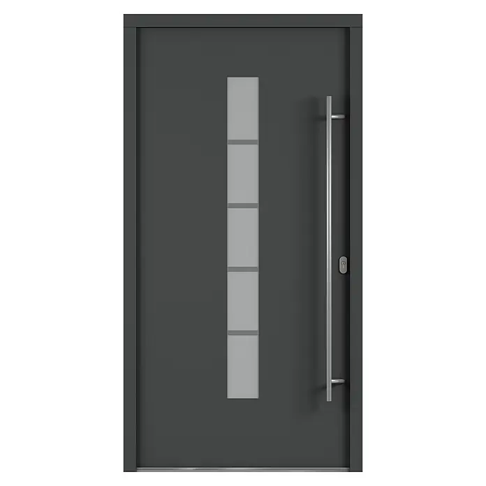 Solid Elements Haustür 7002 - 110 x 210 cm, DIN Anschlag: Rechts, Anthrazitgrau/Weiß - Moderne graue Haustür mit rechteckigem Glaseinsatz und silberfarbenem, senkrechtem Türgriff. Elegantes Design für jeden Eingangsbereich.