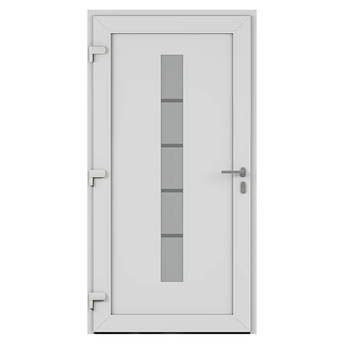 Solid Elements Haustür 7002 - 110 x 210 cm, DIN Anschlag: Links, Anthrazitgrau/Weiß - Ein modernes, weißes Türdesign mit einem zentralen, vertikalen Fensterbereich, der durch horizontale Streifen unterteilt ist.