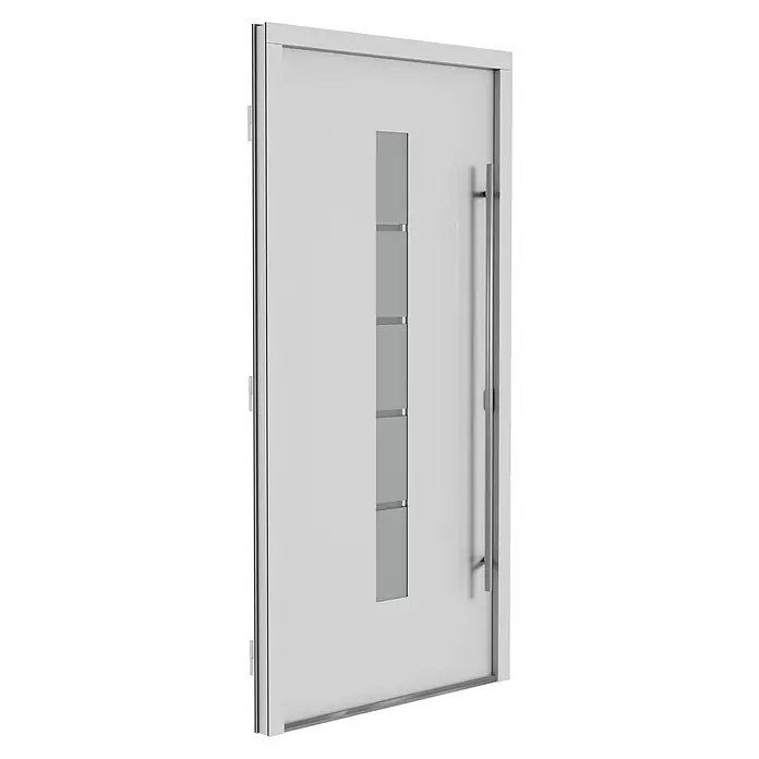 Solid Elements Haustür 7002 - 110 x 210 cm, DIN Anschlag: Rechts, Verkehrsweiß - Elegante weiße Tür mit modernem Design, inklusive schmalem Fensterband und vertikalem Griff. Ideal für zeitgemäße Wohnräume.
