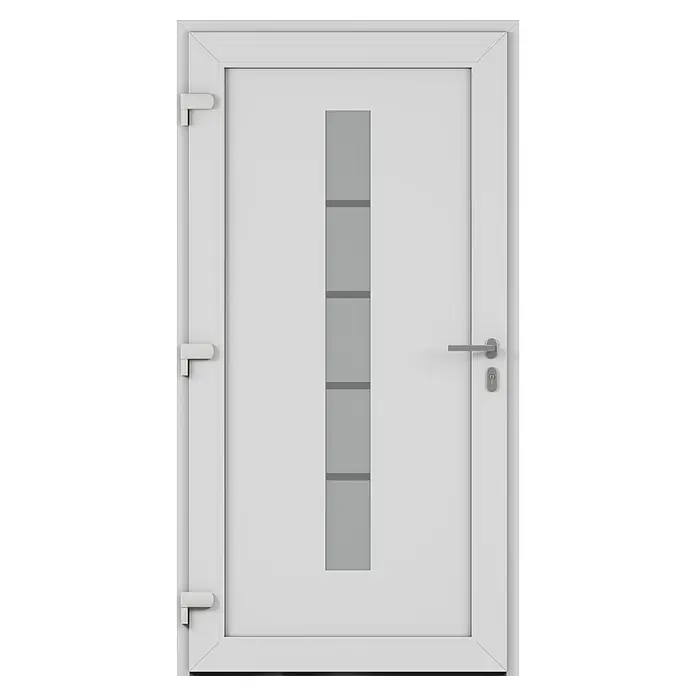 Solid Elements Haustür 7002 - 110 x 210 cm, DIN Anschlag: Links, Verkehrsweiß - Eine weiße Haustür mit einem vertikalen Fensterband und grauen Akzenten für ein modernes und stilvolles Erscheinungsbild.