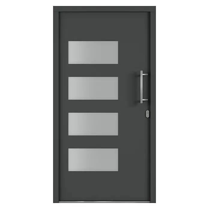 Solid Elements Haustür 7001 - 110 x 210 cm, DIN Anschlag: Rechts, Anthrazitgrau/Weiß - Eine moderne graue Haustür mit vier rechteckigen Fenstern und einem silbernen Griff, die ein stilvolles Design bietet.