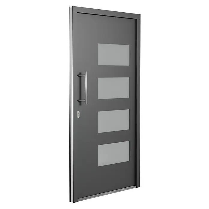 Solid Elements Haustür 7001 - 110 x 210 cm, DIN Anschlag: Links, Anthrazitgrau/Weiß - Graue Tür mit vier rechteckigen Fenstern und einem langen, vertikalen Griff. Ein elegantes und modernes Design für jedes Zuhause.