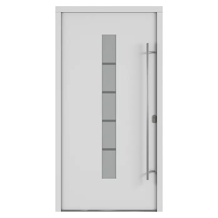 Solid Elements Haustür 7002 - 110 x 210 cm, DIN Anschlag: Rechts, Verkehrsweiß - Elegante weiße Haustür mit vertikalem Glasfenster und langem Griff aus Edelstahl. Modernes Design für einen stilvollen Eingangsbereich.