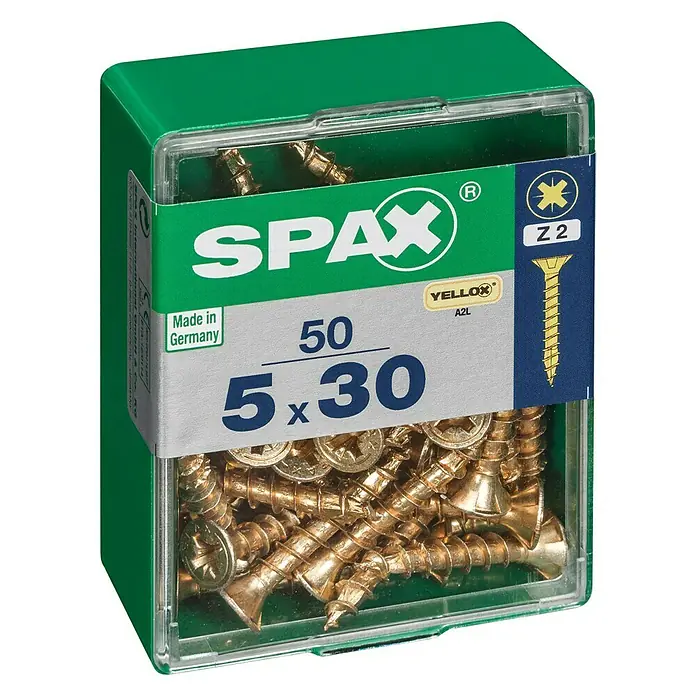 Spax Universalschraube - 5 x 30 mm, Vollgewinde, 50 Stk. - Packung gelb verzinkter SPAX-Schrauben 5x30 mm, ideal für Holzverbindungen im Innenbereich. Hochwertige Schrauben für professionelle und Heimwerker-Anwendungen.