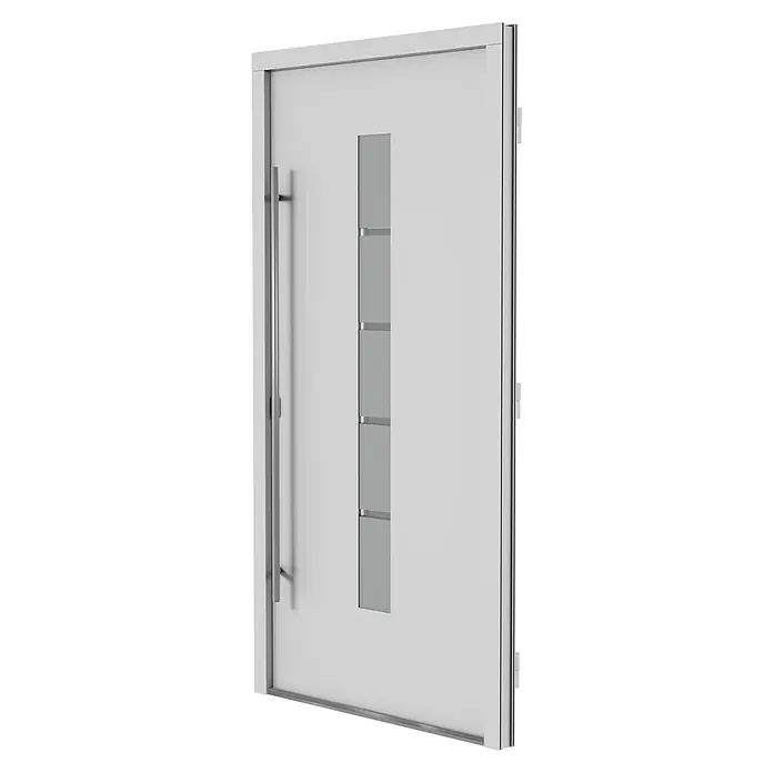 Solid Elements Haustür 7002 - 110 x 210 cm, DIN Anschlag: Links, Verkehrsweiß - Elegante, moderne Haustür in Weiß mit vertikalem Glaseinsatz und langem, schmalem Griff. Die Tür besticht durch ihr minimalistisches Design.