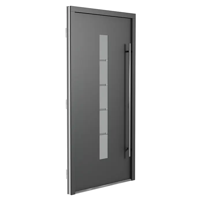 Solid Elements Haustür 7002 - 110 x 210 cm, DIN Anschlag: Rechts, Anthrazitgrau/Weiß - Ein elegantes graues Außentürdesign mit einem vertikalen Fensterband und einem langen, modernen Türgriff.