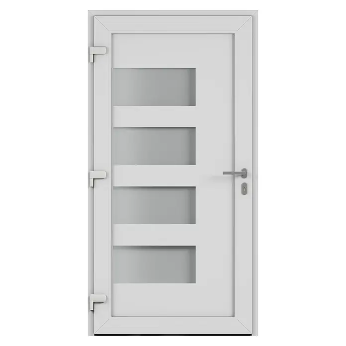Solid Elements Haustür 7001 - 110 x 210 cm, DIN Anschlag: Links, Anthrazitgrau/Weiß - Moderne weiße Tür mit vier Glasausschnitten und silbernem Türgriff, ideal für zeitgemäße Innenräume. Stilvoll und funktionell.