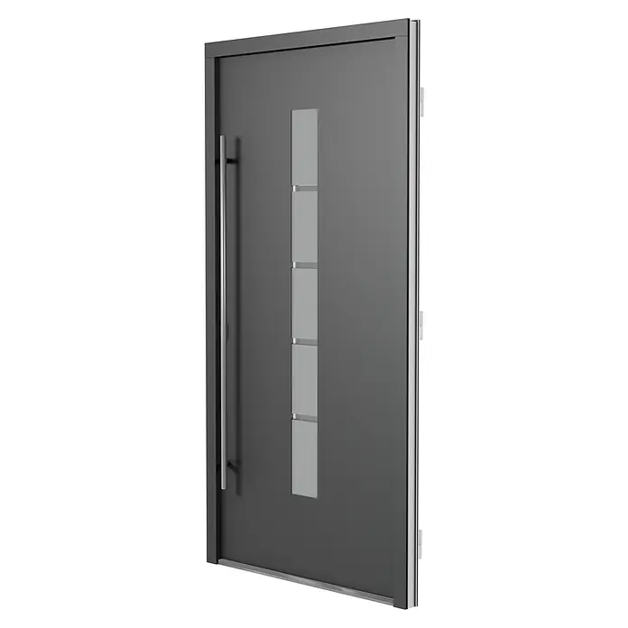 Solid Elements Haustür 7002 - 110 x 210 cm, DIN Anschlag: Links, Anthrazitgrau/Weiß - Graue Haustür mit senkrechtem Fenster und langem Griff. Eine moderne und stilvolle Tür für den Hauseingang, die Sicherheit und Design vereint.