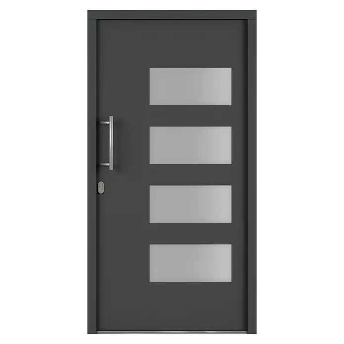 Solid Elements Haustür 7001 - 110 x 210 cm, DIN Anschlag: Links, Anthrazitgrau/Weiß - Eine moderne, graue Haustür mit vier rechteckigen Glaseinsätzen und einem schlanken, silbernen Türgriff. Das Design ist schlicht und elegant.