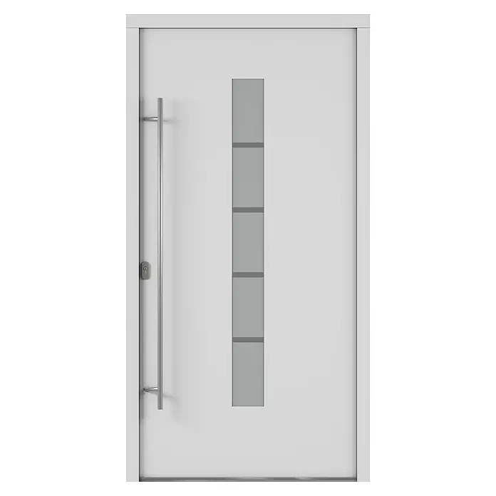 Solid Elements Haustür 7002 - 110 x 210 cm, DIN Anschlag: Links, Verkehrsweiß - Moderne, weiße Eingangstür mit einem schmalen, vertikalen Glaseinsatz und einem langen, silbernen Griff. Ideal für ein stilvolles Zuhause.