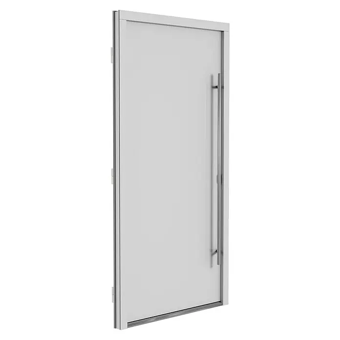 Solid Elements Haustür 7003 - 110 x 210 cm, DIN Anschlag: Rechts, Verkehrsweiß - Nahaufnahme einer modernen, weißen Tür mit einem langen, vertikalen Griff, die ein stilvolles und minimalistisches Design aufweist.