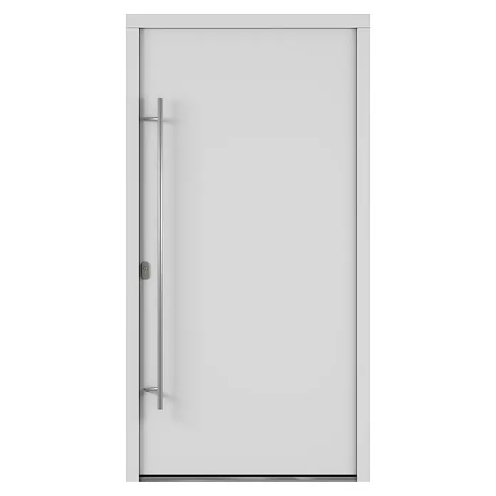 Solid Elements Haustür 7003 - 110 x 210 cm, DIN Anschlag: Links, Verkehrsweiß - Eine moderne, weiße Eingangstür mit einem langen, vertikalen Türgriff aus Metall, die einen minimalistischen und eleganten Look bietet.