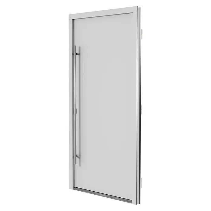 Solid Elements Haustür 7003 - 110 x 210 cm, DIN Anschlag: Links, Verkehrsweiß - Nahaufnahme einer modernen, weißen Tür mit einem langen, vertikalen Metallgriff. Die Tür hat einen schlichten Rahmen und ein minimalistisches Design.