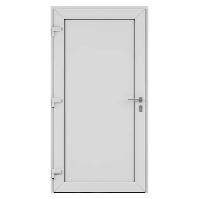 Solid Elements Haustür 7003 - 110 x 210 cm, DIN Anschlag: Links, Verkehrsweiß - Abbildung einer weißen, modernen Tür mit silbernem Türgriff und Schloss. Die Tür hat einen schlichten, minimalistischen Rahmen.