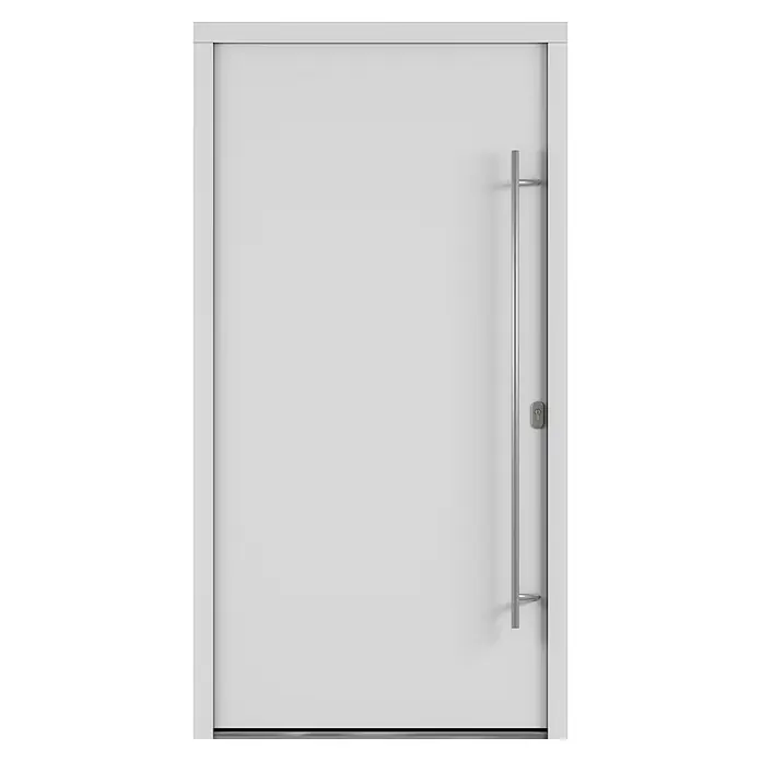 Solid Elements Haustür 7003 - 110 x 210 cm, DIN Anschlag: Rechts, Verkehrsweiß - Weisse Haustür mit langem, silberfarbenem Griff, der einen modernen Eingangsbereich akzentuiert und die minimalistische Ästhetik hervorhebt.
