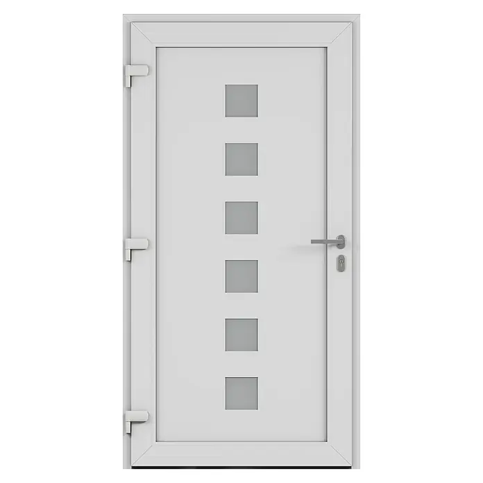 Solid Elements Haustür 7004 - 110 x 210 cm, DIN Anschlag: Links, Anthrazitgrau/Weiß - Weiße Tür mit sechs quadratischen Fenstern und einem silbernen Türgriff, ideal für moderne Innenräume.\n